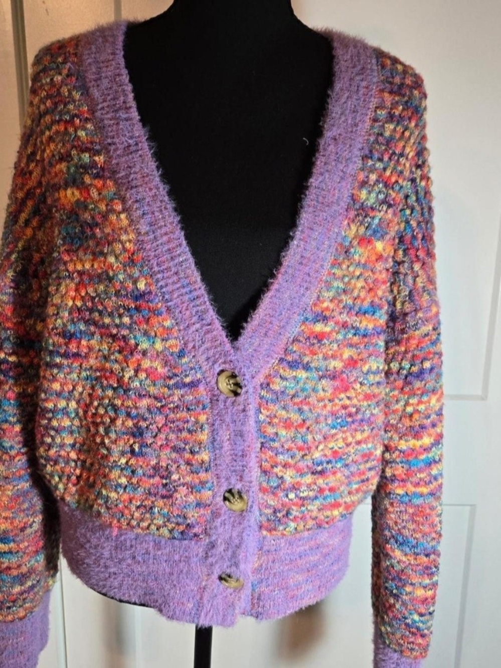 Lavender Multicolor Bouclé V-Neck Cardigan Sweater